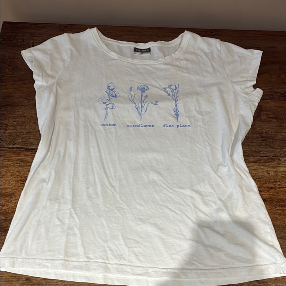 Botanical Print White Tee with Blue Design